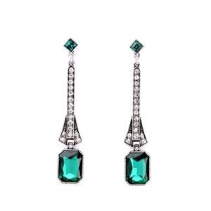 Art Deco Emerald Green Crystal Vintage Silver Long Dangle Statement Earrings